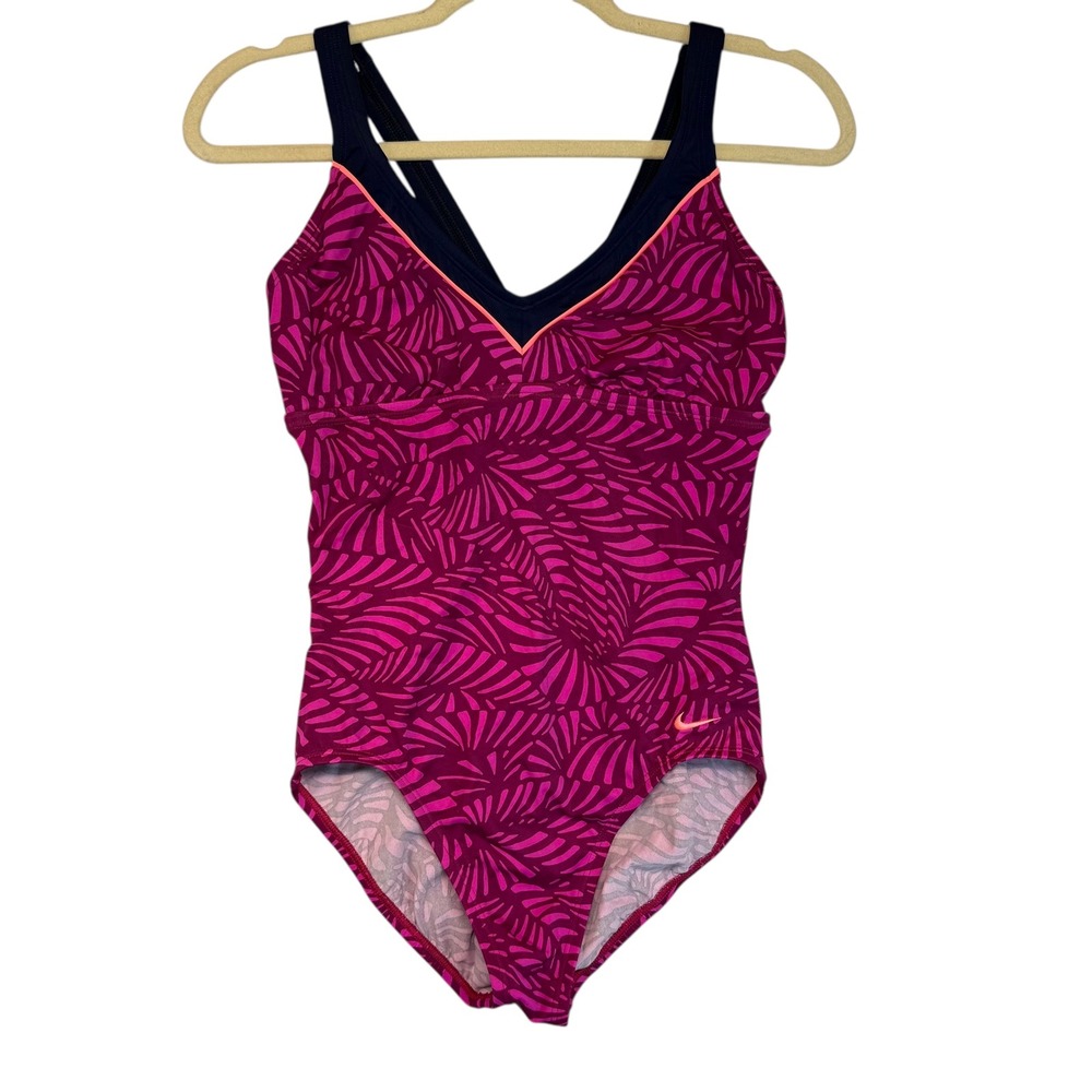 Nike Women's One Piece Swimsuit Tropical Leaf Print V Neck Black Straps Size M